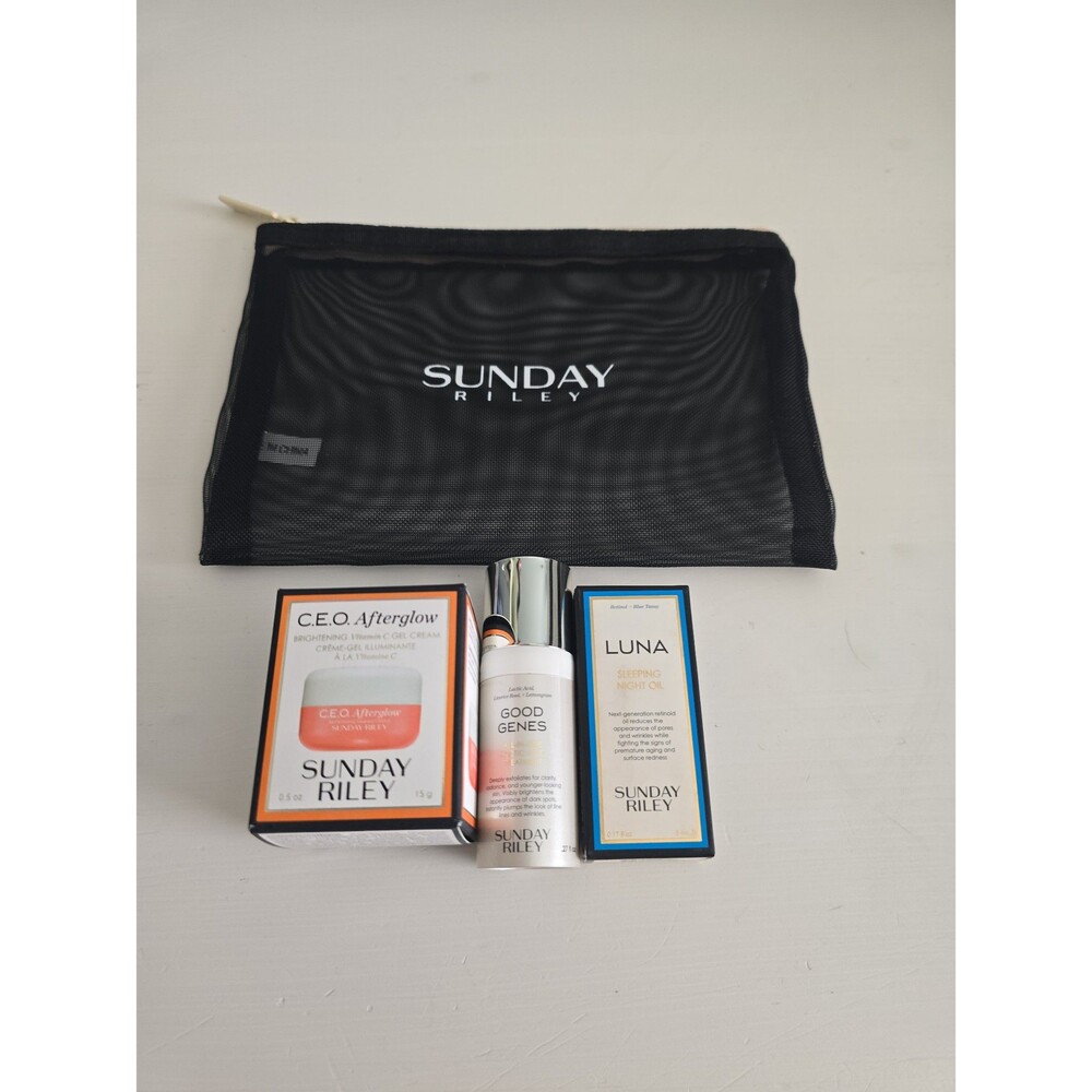 Sunday Riley C.E.O. Afterglow, Good Genes, Luna Mini Bundle with Bag NEW